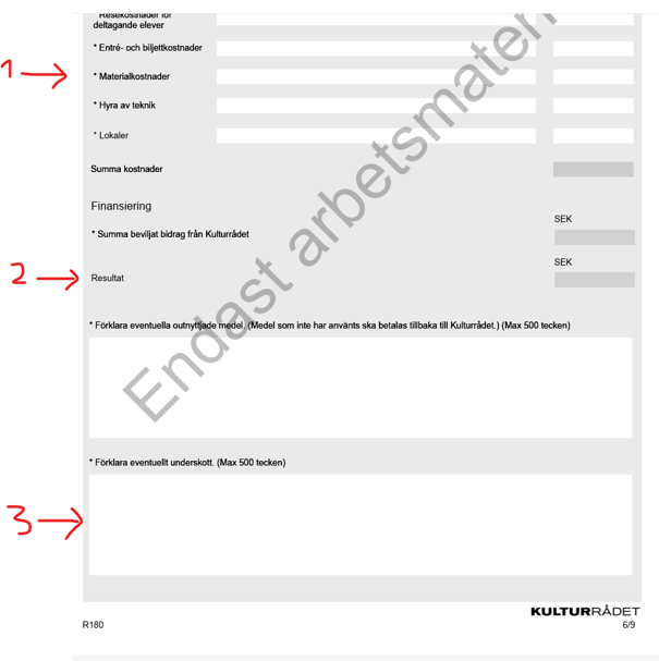 Sk&auml;rmdump fr&aring;n budgetdelen i redovisningsblanketten f&ouml;r Skapande skola. Tre omr&aring;den &auml;r markerade med r&ouml;da pilar. Markering 1 visar kostnadsposter d&auml;r egen finansiering kan l&auml;ggas till, exempelvis material, teknik, lokaler och resor. Markering 2 visar f&auml;ltet &rdquo;Resultat&rdquo;, d&auml;r en egen insats kan ge ett underskott som synligg&ouml;r medfinansiering. Markering 3 visar fritextf&auml;ltet &rdquo;F&ouml;rklara eventuellt underskott&rdquo;, d&auml;r huvudmannen beskriver den egna insatsen eller annan samfinansiering av projektet.